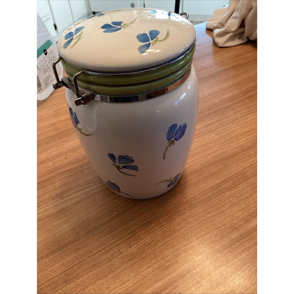 Inspirado Stonelite Seattle USA Canister Cookie Jar Blue Yellow Floral Sugar